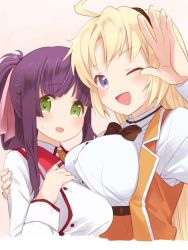 Rule 34 | 2girls, ahoge, arm around shoulder, blonde hair, blue eyes, blunt bangs, blush, bow, breasts, buttons, collar, double-breasted, folded ponytail, hair ornament, hair ribbon, hairband, hand on another&#039;s shoulder, hand on own chest, holding, kohagura ellen, large breasts, long hair, long sleeves, looking at viewer, minoseki gakuin uniform, multiple girls, one eye closed, open mouth, osafune girls academy school uniform, parted bangs, purple hair, red collar, ribbon, school uniform, simple background, smile, standing, takano natsuki, toji no miko, upper body, vest, yanase mai, yellow ribbon