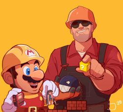Rule 34 | ? block, black overalls, blouse, blu scout (tf2), builder mario, chain chomp, collared shirt, commentary, crossover, dispenser (team fortress), engineer (tf2), english commentary, facial hair, flapdoodlez, giant, goggles, hard hat, helmet, holding person, mario, mario (series), mustache, nintendo, overalls, red engineer (tf2), red overalls, red shirt, scout (tf2), shirt, simple background, size difference, smile, super mario maker, team fortress 2, teeth, upper teeth only, yellow background, yellow shirt