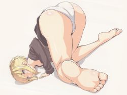 Rule 34 | 00s, 1girl, artoria pendragon (all), artoria pendragon (fate), ass, barefoot, blonde hair, blue eyes, fate/hollow ataraxia, fate/stay night, fate (series), feet, jpeg artifacts, non-web source, official alternate costume, panties, saber (fate), short hair, soles, solo, takeda hiromitsu, toes, top-down bottom-up, underwear