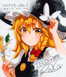 Rule 34 | 1girl, arm up, artist name, bad id, bad pixiv id, black hat, blonde hair, blush, bow, braid, dated, grey background, hair between eyes, hair bow, hand on headwear, hat, hat bow, holding, kirisame marisa, leaf, long hair, looking at viewer, parted lips, puffy sleeves, qqqrinkappp, red bow, side braid, sidelocks, signature, simple background, single braid, solo, touhou, traditional media, upper body, white bow, witch hat, yellow eyes