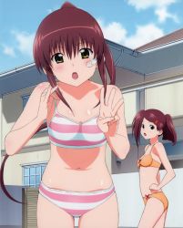 Rule 34 | 2girls, :o, bandaid, bandaid on face, bikini, blush, breasts, cleavage, cloud, female focus, hair ornament, hairclip, highres, kissxsis, looking at viewer, multiple girls, navel, official art, open mouth, orange bikini, outdoors, ponytail, red hair, siblings, sisters, sky, small breasts, standing, striped bikini, striped clothes, swimsuit, yellow eyes