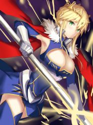 Rule 34 | 1girl, absurdres, armor, armored dress, artoria pendragon (all), artoria pendragon (fate), artoria pendragon (lancer) (fate), blonde hair, blush, braid, breasts, c3yooooo, cape, cleavage, cleavage cutout, clothing cutout, covered navel, cowboy shot, crown, dress, energy, fate/grand order, fate (series), french braid, fur trim, gloves, gradient background, green eyes, heattech leotard, highres, holding, holding weapon, jewelry, lance, looking at viewer, mature female, navel, pauldrons, polearm, saber (fate), short hair, short hair with long locks, shoulder armor, smile, solo, turtleneck, weapon
