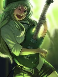 Rule 34 | 1girl, ;d, blonde hair, bukimi isan, electric guitar, green eyes, guitar, hat, hoshii miki, idolmaster, idolmaster (classic), instrument, long hair, one eye closed, open mouth, shirt, shorts, sleeves rolled up, smile, solo, sweat, wink