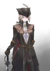 Rule 34 | 1girl, absurdres, artist request, ascot, blonde hair, bloodborne, blue eyes, cape, coat, gloves, hat, hat feather, highres, holding, lady maria of the astral clocktower, long hair, looking at viewer, ponytail, rakuyo (bloodborne), simple background, smile, solo, sword, the old hunters, tricorne, weapon, white hair