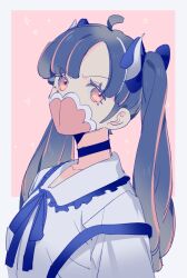 Rule 34 | 1girl, ahoge, alternate costume, blue hair, blue ribbon, choker, commentary, frilled shirt, frills, hair ribbon, horns, looking at viewer, mask, mouth mask, multicolored hair, one piece, pink background, pink eyes, pink hair, profile, raine (acke2445), ribbon, shirt, simple background, solo, star (symbol), streaked hair, symbol-only commentary, twintails, ulti (one piece), upper body