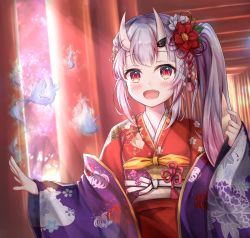 Rule 34 | 1girl, :d, blurry, blurry background, blush, commentary request, depth of field, fang, floral print, flower, gradient hair, hair flower, hair ornament, hand up, highres, hololive, horns, japanese clothes, kimono, long hair, long sleeves, looking at viewer, multicolored hair, multiple torii, nakiri ayame, nakiri ayame (new year), namekuji ojiichan, obi, oni, open clothes, open mouth, pinching sleeves, pink hair, print kimono, red eyes, red flower, red kimono, sash, side ponytail, silver hair, skin-covered horns, sleeves past wrists, smile, solo, torii, virtual youtuber, white flower, wide sleeves