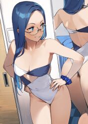Rule 34 | 1girl, 92m, absurdres, ass, bare shoulders, bed, blue eyes, blue hair, blue scrunchie, breasts, commentary, dateko (92m), glasses, grin, hands on own hips, highres, large breasts, leaning forward, long hair, looking back, one-piece swimsuit, original, scrunchie, smile, solo, strapless, strapless one-piece swimsuit, swimsuit, thighs, translation request, wrist scrunchie