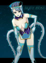 Rule 34 | 10s, 1girl, bare shoulders, blue eyes, blue hair, blue rose (tiger &amp; bunny), boots, breasts, character name, cleavage, earrings, elbow gloves, fingernails, gloves, jewelry, karina lyle, lipstick, makeup, matching hair/eyes, medium breasts, short hair, solo, superhero costume, thigh boots, thighhighs, tiger &amp; bunny, y yuko, yuko (y yuko)