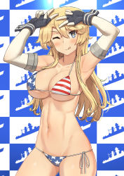 Rule 34 | 1girl, ;q, abs, absurdres, american flag bikini, american flag print, armpits, bad id, bad pixiv id, bikini, blonde hair, blue background, blue eyes, breasts, checkered background, closed mouth, collarbone, elbow gloves, flag print, gloves, highres, iowa (kancolle), kantai collection, large breasts, long hair, looking at viewer, navel, one eye closed, osananajimi neko, print bikini, revision, side-tie bikini bottom, skindentation, smile, solo, star-shaped pupils, star (symbol), step and repeat, swimsuit, symbol-shaped pupils, tongue, tongue out, two-tone background, upper body, v, white background