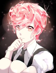 Rule 34 | 1girl, black background, black necktie, closed mouth, collar, collared shirt, glowing, hand on own chin, highres, houseki no kuni, jojo no kimyou na bouken, looking at viewer, necktie, parody, pink eyes, pink hair, puffy short sleeves, puffy sleeves, shirt, short hair, short sleeves, solo, tiyi (tiyi a09), trish una, vento aureo, white shirt