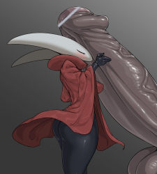 Rule 34 | 1boy, 1girl, bar censor, black skin, blush, breasts, cape, censored, closed eyes, colored skin, covered erect nipples, from side, grey background, handjob, hetero, hollow knight, hornet (hollow knight), horns, joints, koonago, large breasts, mini person, minigirl, monster girl, penis, perky breasts, pochincoff, red cape, simple background, size difference, standing, testicles