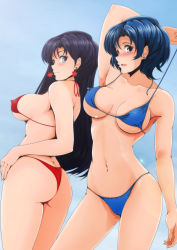 Rule 34 | 2girls, absurdres, arm up, armpits, ass, bikini, bishoujo senshi sailor moon, black eyes, black hair, blue hair, blush, breasts, butt crack, cameltoe, cleft of venus, collarbone, contrapposto, dutch angle, earrings, covered erect nipples, female focus, from below, highres, hino rei, jewelry, large breasts, long hair, looking at viewer, looking down, mizuno ami, multiple girls, nanashi noiji, navel, outdoors, purple eyes, sailor mars, sailor mercury, short hair, sky, smile, swimsuit, underboob