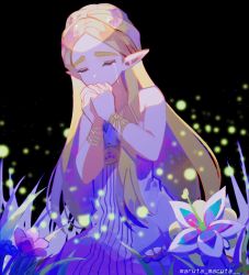 Rule 34 | 1girl, bare shoulders, black background, blonde hair, bracer, closed eyes, covering own mouth, crying, dress, highres, kneeling, long dress, long hair, maruta maruta, nintendo, own hands clasped, own hands together, parted bangs, pointy ears, praying, princess zelda, silent princess, solo, tears, the legend of zelda, the legend of zelda: breath of the wild, thick eyebrows, twitter username, white dress
