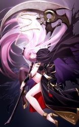 Rule 34 | 1girl, anklet, armlet, bare legs, black cloak, black dress, black nails, black thighhighs, breasts, cloak, closed mouth, commentary, dress, expressionless, fenrir (fenlil0316), floating, full body, gold footwear, gradient background, high heels, highres, holding, holding scythe, hololive, hololive english, jewelry, lips, lipstick, long hair, looking at viewer, makeup, medium breasts, mori calliope, nail polish, pink eyes, pink hair, purple background, scythe, single thighhigh, solo, spikes, thighhighs, thighs, tiara, vambraces, veil, very long hair, virtual youtuber