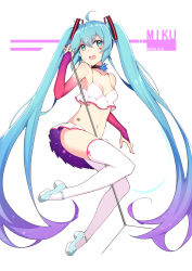 Rule 34 | 1girl, absurdres, barcode, barcode tattoo, bare shoulders, black choker, blue eyes, blue footwear, blue hair, blush, breasts, bridal gauntlets, character name, choker, cleavage, collarbone, commentary request, copyright name, crop top, facial mark, gradient hair, hair between eyes, hair ornament, hatsune miku, heart, high heels, highres, holding, holding microphone, long hair, medium breasts, meng ge 3 (565571710), microphone, multicolored hair, navel, open mouth, pleated skirt, purple hair, skirt, solo, space print, starry sky print, tattoo, teeth, thighhighs, upper teeth only, very long hair, vocaloid, white skirt, white thighhighs