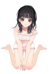 Rule 34 | 1girl, bare arms, bare legs, bare shoulders, barefoot, black hair, bloomers, brown eyes, camisole, chano hinano, closed mouth, collarbone, commentary request, copyright request, fingernails, full body, highres, long hair, looking at viewer, nail polish, official art, pink bloomers, pink camisole, red nails, sitting, solo, strap slip, underwear, wariza, wet, wet clothes