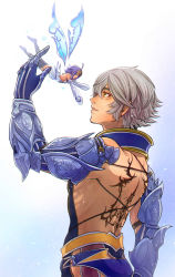 Rule 34 | 1boy, 1girl, ahoge, arm armor, armor, bare back, blue wings, breasts, brown hair, detached collar, detached sleeves, dress, echo (mff), echo (mobius final fantasy), fairy, fairy wings, final fantasy, flying, from side, gradient background, grey hair, highres, mini person, minigirl, mobius final fantasy, multicolored hair, no shoes, open mouth, payu (pyms11), pink hair, skin tight, skirt, small breasts, tattoo, thighhighs, two-tone hair, white skirt, wings, wol, yellow eyes