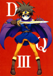 Rule 34 | 1girl, androgynous, blue eyes, boots, brown hair, cape, chunsoft, circlet, copyright name, dragon quest, dragon quest iii, elbow gloves, enix, gloves, highres, leggings, pantyhose, red background, roto (dq3), solo, sword, tomose shunsaku, weapon, yellow pantyhose