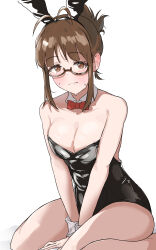 Rule 34 | 1girl, absurdres, akizuki ritsuko, alternate costume, animal ears, arms between legs, black leotard, blush, bow, bowtie, breasts, brown-framed eyewear, brown hair, cleavage, collarbone, detached collar, ear blush, folded ponytail, full-face blush, glasses, highres, idolmaster, idolmaster (classic), idolmaster million live!, leotard, looking at viewer, medium breasts, own hands together, pdal (pdalhhh), playboy bunny, rabbit ears, red bow, red bowtie, simple background, solo, sweatdrop, white background, wrist cuffs