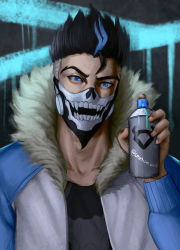Rule 34 | 1boy, artist name, black hair, blue eyes, blue hair, bruno bangnyfe, burn the witch, coat, fur trim, highres, looking at viewer, male focus, mask, multicolored hair, smetism, solo, spiked hair, spray can, spray paint, two-tone hair, upper body