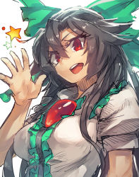 Rule 34 | 1girl, black hair, blouse, hair between eyes, highres, long hair, looking at viewer, melon22, outstretched hand, puffy short sleeves, puffy sleeves, red eyes, reiuji utsuho, shirt, short sleeves, smile, solo, solo focus, star (symbol), third eye, touhou