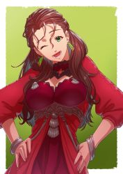 Rule 34 | 1girl, aduti momoyama, breasts, brown hair, dorothea arnault, dress, earrings, fire emblem, fire emblem: three houses, fire emblem warriors, fire emblem warriors: three hopes, green eyes, hands on own hips, highres, jewelry, large breasts, long hair, looking at viewer, nintendo, one eye closed, red dress, smile, solo, wink