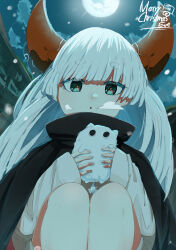 Rule 34 | 1girl, animal, black cloak, blue eyes, breath, cloak, english text, eve (utaite), full moon, high collar, highres, holding, holding animal, horns, indie utaite, long hair, long sleeves, looking at viewer, merry christmas, moon, night, outdoors, shirt, short eyebrows, sleeves past wrists, snowing, solo, squatting, thick eyebrows, white hair, white shirt, yuindesu