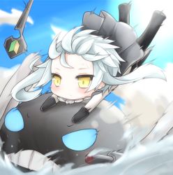 Rule 34 | 10s, 1girl, abyssal ship, aqua hair, blue eyes, cape, chibi, cloud, day, gloves, glowing, glowing eyes, kantai collection, monster, motion blur, pale skin, personification, rateratte, shoshinsha mark, sky, solo, staff, sweatdrop, turret, water, wo-class aircraft carrier, yellow eyes