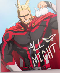 Rule 34 | 1boy, all might, alternate costume, animal, animal on shoulder, antenna hair, bad id, bad pixiv id, belt, black bodysuit, blonde hair, bodysuit, boku no hero academia, cape, character name, covered abs, grin, hair slicked back, highres, large pectorals, male focus, muscular, muscular male, pectorals, rabbit, red cape, short hair, smile, solo, trevo (trevoshere), upper body