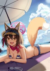 Rule 34 | 1girl, :d, animal ears, ass, bare arms, bare shoulders, beach mat, beach umbrella, bikini, blue archive, blue shorts, breasts, brown hair, butt crack, cleavage, cutoffs, day, denim, denim shorts, fox ears, fox girl, fox tail, halo, highleg, highleg bikini, highres, izuna (blue archive), izuna (swimsuit) (blue archive), looking at viewer, lying, medium breasts, micro shorts, official alternate costume, on stomach, one side up, open mouth, outdoors, scarf, short hair, shorts, smile, smodzz998, solo, string bikini, striped bikini, striped clothes, swimsuit, tail, thighs, umbrella, visor cap, wet, yellow eyes