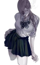 Rule 34 | 1girl, alternate costume, bad id, bad twitter id, black bow, black bowtie, black skirt, bow, bowtie, breasts, chainsaw man, cigarette, closed mouth, collared shirt, contrapposto, cowboy shot, cropped legs, dress shirt, expressionless, eyepatch, grey eyes, hair between eyes, hand on own hip, highres, lips, long hair, looking to the side, me04l, medium breasts, miniskirt, one eye covered, pleated skirt, ponytail, quanxi (chainsaw man), shirt, shirt tucked in, short sleeves, silver hair, simple background, skirt, smoke, smoking, solo, white background, white shirt, wing collar