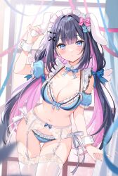 Rule 34 | 1girl, animal ears, arm up, bare shoulders, black hair, blue bra, blue eyes, blue panties, bow, bowtie, bra, breasts, cleavage, closed mouth, colored inner hair, contrapposto, cowboy shot, detached collar, detached sleeves, expressionless, fake animal ears, frilled bra, frilled panties, frills, garter belt, gluteal fold, halterneck, highres, lace, lace-trimmed bra, lace trim, lingerie, long hair, looking at viewer, maid headdress, medium breasts, melonbooks, multicolored hair, navel, original, panties, pink hair, rabbit ears, satoupote, short sleeves, side-tie panties, solo, spaghetti strap, standing, stomach, string bra, thigh gap, thighhighs, thighs, twintails, underwear, underwear only, very long hair, virtual youtuber, white thighhighs, wrist cuffs