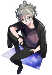 Rule 34 | 1boy, absurdres, facial mark, full body, grey hair, grin, highres, inazuma eleven (series), inazuma eleven ares no tenbin, jacket, jewelry, kira hiroto, looking at viewer, male focus, megusuri, multicolored hair, necklace, purple eyes, simple background, smile, solo, streaked hair, two-tone hair, watch, wavy hair, white background, white hair, wristwatch