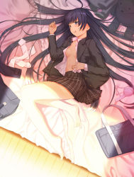 Rule 34 | 1girl, :d, :p, :q, bag, bare legs, barefoot, bed, black eyes, black hair, bra, breasts, feet, from above, legs, lingerie, long hair, lying, open clothes, open mouth, open shirt, original, pink bra, purple eyes, school uniform, shirt, skirt, small breasts, smile, solo, tongue, tongue out, underwear, yamamoto shima