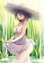 Rule 34 | 1girl, aqua eyes, ass, bare shoulders, black hair, blue bow, blue eyes, bow, breasts, cleavage, clothes lift, collarbone, dress, dress lift, eyebrows, food, from side, fruit, grass, hair between eyes, hat, hat bow, heart, long hair, looking at viewer, medium breasts, nature, open mouth, original, parted lips, skirt basket, skirt hold, sleeveless, sleeveless dress, smile, solo, standing, straw hat, sundress, teeth, walking, water, waterfall, white dress, xiaosan ye