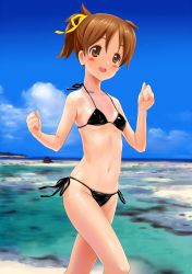 Rule 34 | 00s, 1girl, beach, bikini, black bikini, blush stickers, brown eyes, brown hair, clenched hands, covered erect nipples, day, flat chest, forearms at chest, highres, hirasawa ui, k-on!, koomo (pixiv148008), koumo, outdoors, ponytail, running, short hair, solo, swimsuit
