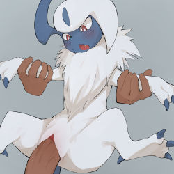 Rule 34 | 1girl, absol, animal hands, arms up, bestiality, blush, claws, clitoris, creatures (company), disembodied hand, disembodied penis, erection, fang, feet, furry, furry female, game freak, gen 3 pokemon, grey background, hetero, highres, horns, looking down, monster, nintendo, open mouth, penis, pokemon, pokemon (creature), pokemon rse, pokephilia, pussy, red eyes, sex, short hair, simple background, single horn, solo, spread legs, sweat, tail, teeth, uncensored, vaginal, white hair, youjo modoki