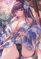 Rule 34 | 1girl, aerial fireworks, akatsuki (aktk511), black panties, blue kimono, blunt bangs, blush, breasts, brown eyes, cleavage, clothes lift, commentary request, crotch, finger to mouth, fireworks, floral print, flower, hair flower, hair ornament, highres, japanese clothes, kimono, kimono lift, large breasts, long hair, looking at viewer, navel, night, open mouth, original, outdoors, panties, print kimono, purple hair, sitting, smile, solo, thighs, underwear, yukata
