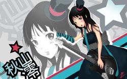 Rule 34 | 1girl, akiyama mio, bass guitar, black eyes, black hair, cane, character name, don&#039;t say &quot;lazy&quot;, dress, fingerless gloves, gloves, hat, instrument, k-on!, long hair, mini hat, mini top hat, mouth hold, plectrum, solo, star (symbol), top hat, zoom layer