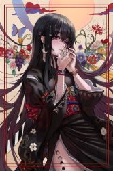 Rule 34 | 1girl, black hair, black kimono, blue flower, bracelet, bug, butterfly, check copyright, commentary request, copyright request, crescent, crescent earrings, crescent hair ornament, earrings, floral print, flower, food, framed, gold can, hair ornament, highres, holding, holding flower, insect, japanese clothes, jewelry, kimono, long hair, long sleeves, looking at viewer, original, sash, smile, solo, very long hair, white flower, wide sleeves