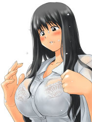 Rule 34 | 00s, 1girl, black eyes, black hair, blush, bra, bra visible through clothes, breasts, buttons, from side, genshiken, lace, lace-trimmed bra, lace trim, large breasts, lingerie, long hair, looking down, mole, mole under eye, mole under mouth, oono kanako, parted lips, raised eyebrows, see-through, shirt, simple background, solo, underwear, upper body, wet, wet clothes, wet shirt, white background, white shirt, wing collar