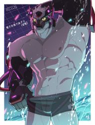 Rule 34 | 1boy, alternate costume, animal ears, arm behind head, bara, bear boy, bear ears, black male swimwear, body fur, colored sclera, enigma (housamo), feet out of frame, furry, furry male, highres, looking at viewer, male focus, male swimwear, male swimwear pull, mask, muscular, muscular male, musou luf, pulling own clothes, short hair, standing, swim briefs, tokyo houkago summoners, water, white fur, yellow sclera
