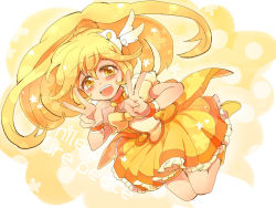 Rule 34 | 10s, 1girl, bad id, bad pixiv id, blonde hair, blush, bow, child, cure peace, double v, hair flaps, kise yayoi, magical girl, popoin, precure, skirt, smile precure!, solo, v, wide ponytail, yellow background, yellow bow, yellow skirt, yellow theme