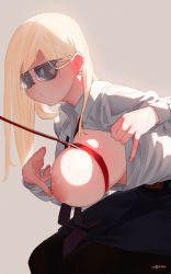 Rule 34 | 1girl, backlighting, black necktie, black pantyhose, blonde hair, blouse, breast leash, breast pull, breasts, brown background, collar, collared shirt, female focus, from side, frown, grey background, highres, kawaikochan, large breasts, leash, long hair, necktie, nipple press, nipple stimulation, nipples, one breast out, open clothes, open shirt, original, pantyhose, shirt, simple background, skindentation, skirt, solo, sunglasses, veins, veiny breasts, white shirt