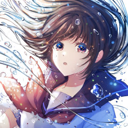 Rule 34 | 1girl, :o, air bubble, black sailor collar, blue eyes, brown hair, bubble, commentary request, dissolving, highres, long hair, looking at viewer, multicolored eyes, neckerchief, open mouth, original, red eyes, red neckerchief, sailor collar, school uniform, serafuku, shirt, short sleeves, solo, underwater, uni sirasu, upper body, white shirt