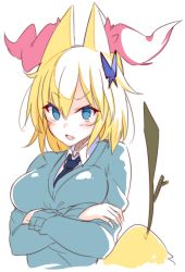 Rule 34 | 1girl, animal ear fluff, animal ears, blonde hair, blue cardigan, blue necktie, blush, butterfly hair ornament, cardigan, collared shirt, creatures (company), crossed bangs, delphox, fang, fox ears, fox tail, game freak, gen 6 pokemon, hair ornament, highres, long sleeves, looking at viewer, necktie, nintendo, open mouth, personification, pokemon, pokemon tail, shirt, short hair, simple background, skin fang, solo, stick, suruga (xsurugax), tail, white background, white shirt, wing collar
