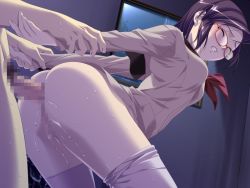 Rule 34 | 1girl, anal, arched back, arm grab, arm held back, ass, bent over, blush, bottomless, brown hair, censored, clenched teeth, doggystyle, closed eyes, from behind, game cg, glasses, ino (magloid), loose thighhigh, morishige misora, mosaic censoring, niizuma wa serafuku, penis, pussy juice, rape, school uniform, sex, sex from behind, solo focus, sweat, teeth, thighhighs