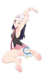 Rule 34 | 1girl, armpits, barefoot, beanie, black shirt, blush, bracelet, closed mouth, commentary request, creatures (company), dawn (pokemon), eyelashes, feet, game freak, gen 4 pokemon, grey eyes, hat, highres, jewelry, looking at viewer, maidforge, nintendo, one eye closed, panties, pink skirt, piplup, pokemon, pokemon (creature), pokemon dppt, red scarf, scarf, shirt, sidelocks, skirt, sleeveless, sleeveless shirt, smile, soles, stretching, toes, underwear, white headwear, white panties