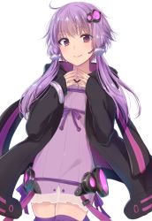Rule 34 | 1girl, ahoge, animal hood, asa (coco), blush, bracelet, closed mouth, cowboy shot, dress, fingers together, hair ornament, hood, hood down, hoodie, jewelry, long sleeves, looking at viewer, low twintails, open clothes, open hoodie, purple dress, purple eyes, purple hair, purple thighhighs, rabbit hood, short dress, short hair with long locks, simple background, smile, solo, strapless, strapless dress, thighhighs, tube dress, twintails, vocaloid, voiceroid, white background, yuzuki yukari