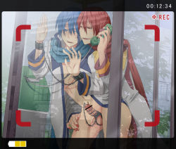 Rule 34 | 2boys, akaito, anal, blue eyes, blue hair, bottomless, censored, cuffed, cuffs, exhibitionism, handcuffs, kaito (vocaloid), male focus, male penetrated, matching hair/eyes, multiple boys, nail polish, object insertion, penis, phone, pointless censoring, public indecency, rape, red eyes, red hair, scarf, tied penis, urethral insertion, vocaloid, window, yaoi